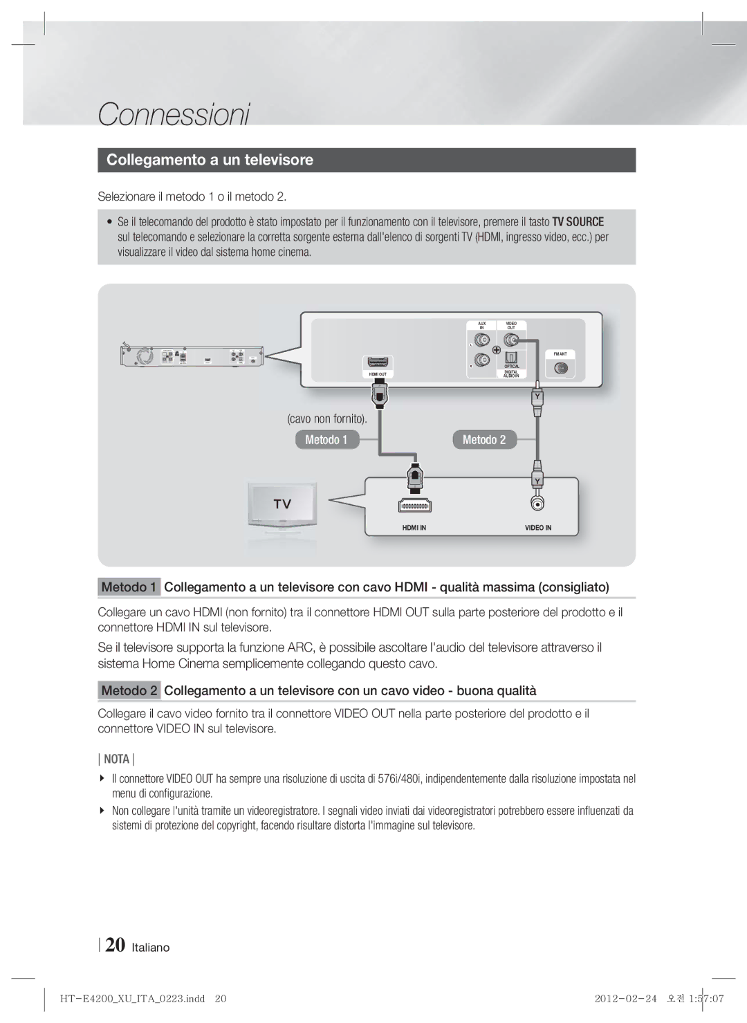 Samsung HT-E4200/ZF, HT-ES4200/XN manual Collegamento a un televisore, Selezionare il metodo 1 o il metodo, Cavo non fornito 