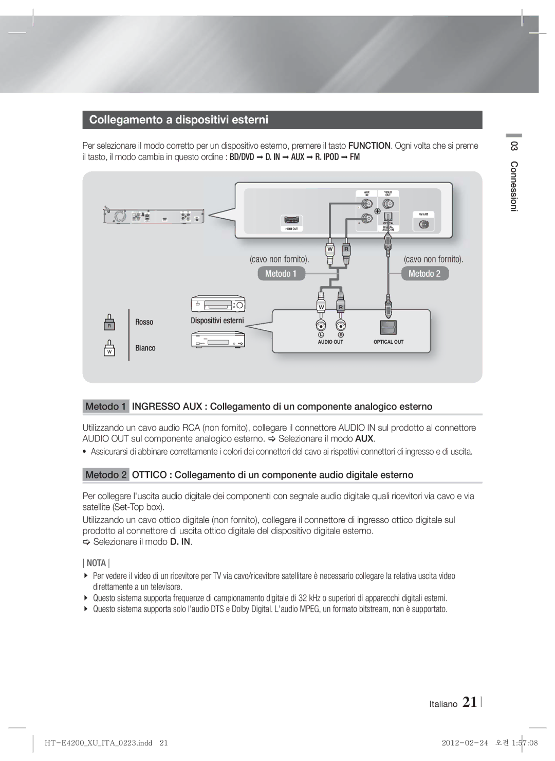 Samsung HT-ES4200/ZF, HT-ES4200/XN, HT-E4200/EN, HT-ES4200/EN, HT-E4200/ZF manual Collegamento a dispositivi esterni, Bianco 