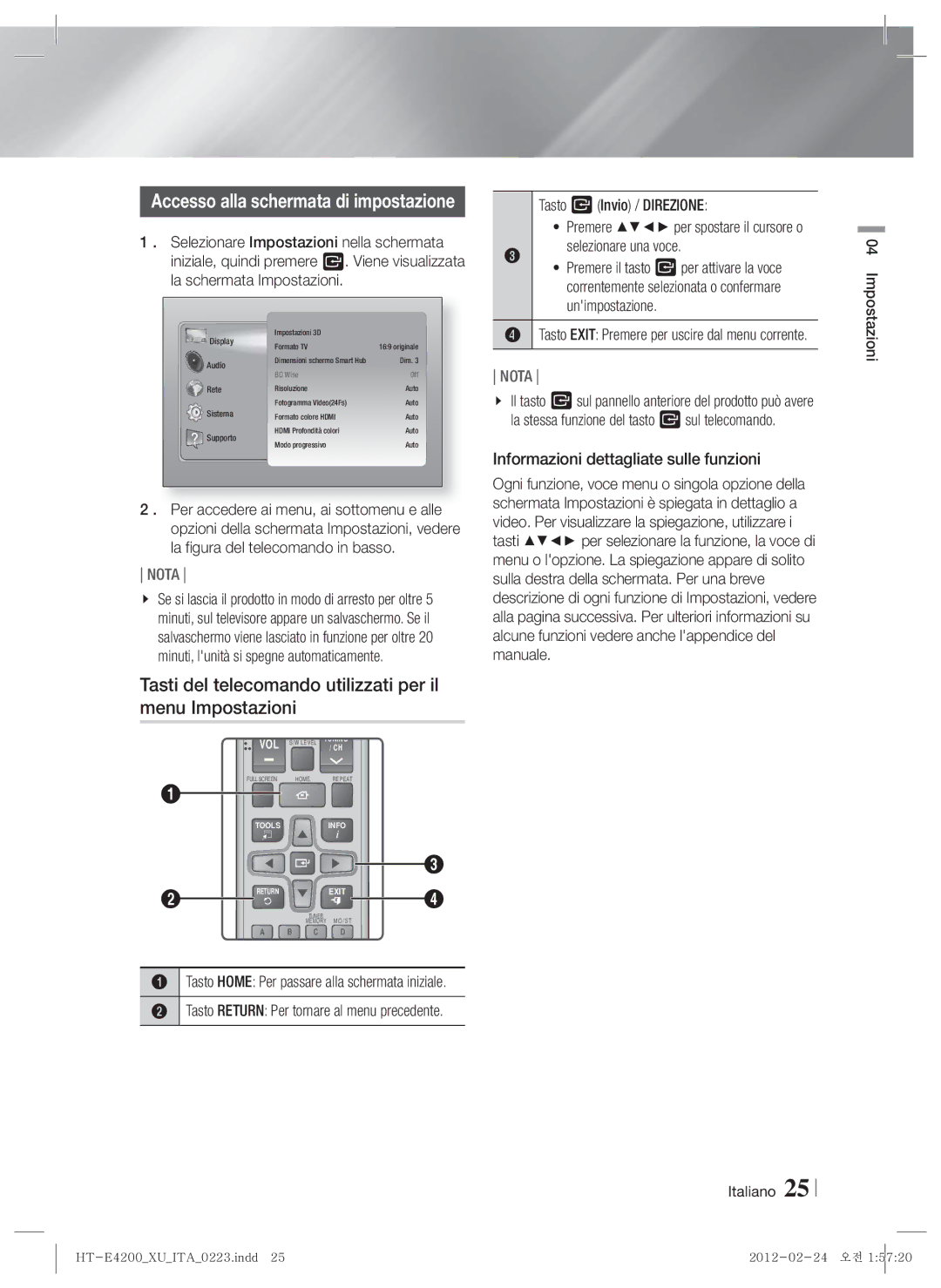 Samsung HT-E4200/EN Tasti del telecomando utilizzati per il menu Impostazioni, Tasto E Invio / Direzione, Unimpostazione 