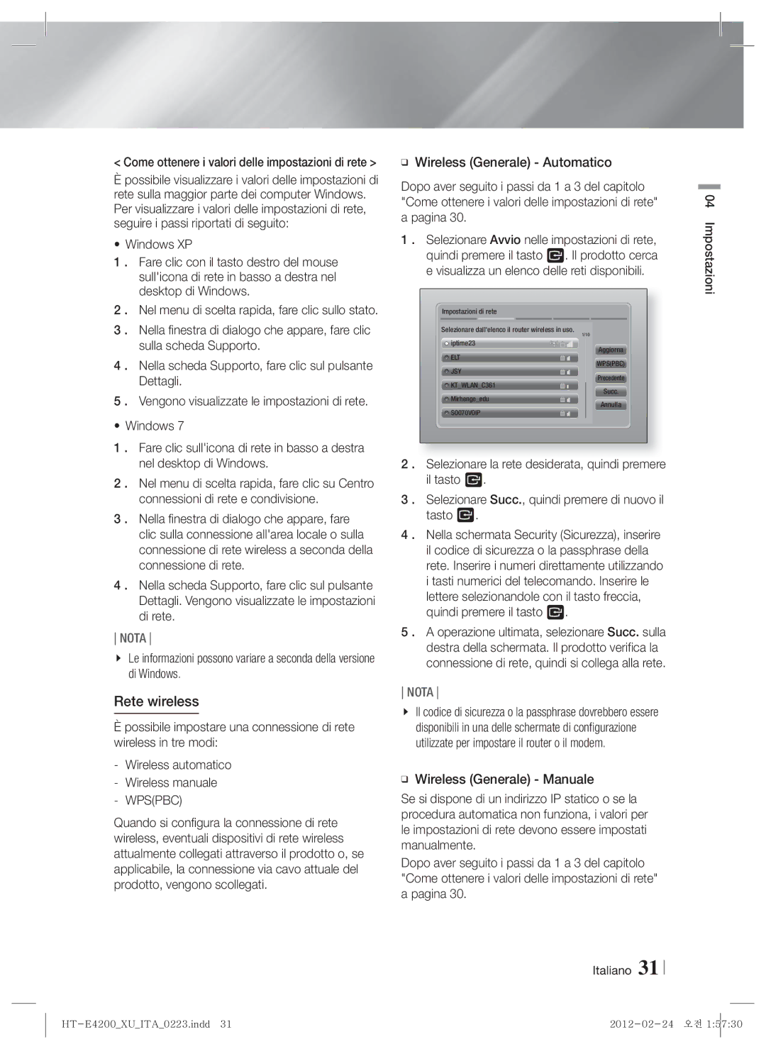 Samsung HT-ES4200/XN, HT-E4200/EN, HT-ES4200/EN, HT-E4200/ZF, HT-ES4200/ZF, HT-E4200/XE, HT-ES4200/XE Rete wireless, Wpspbc 