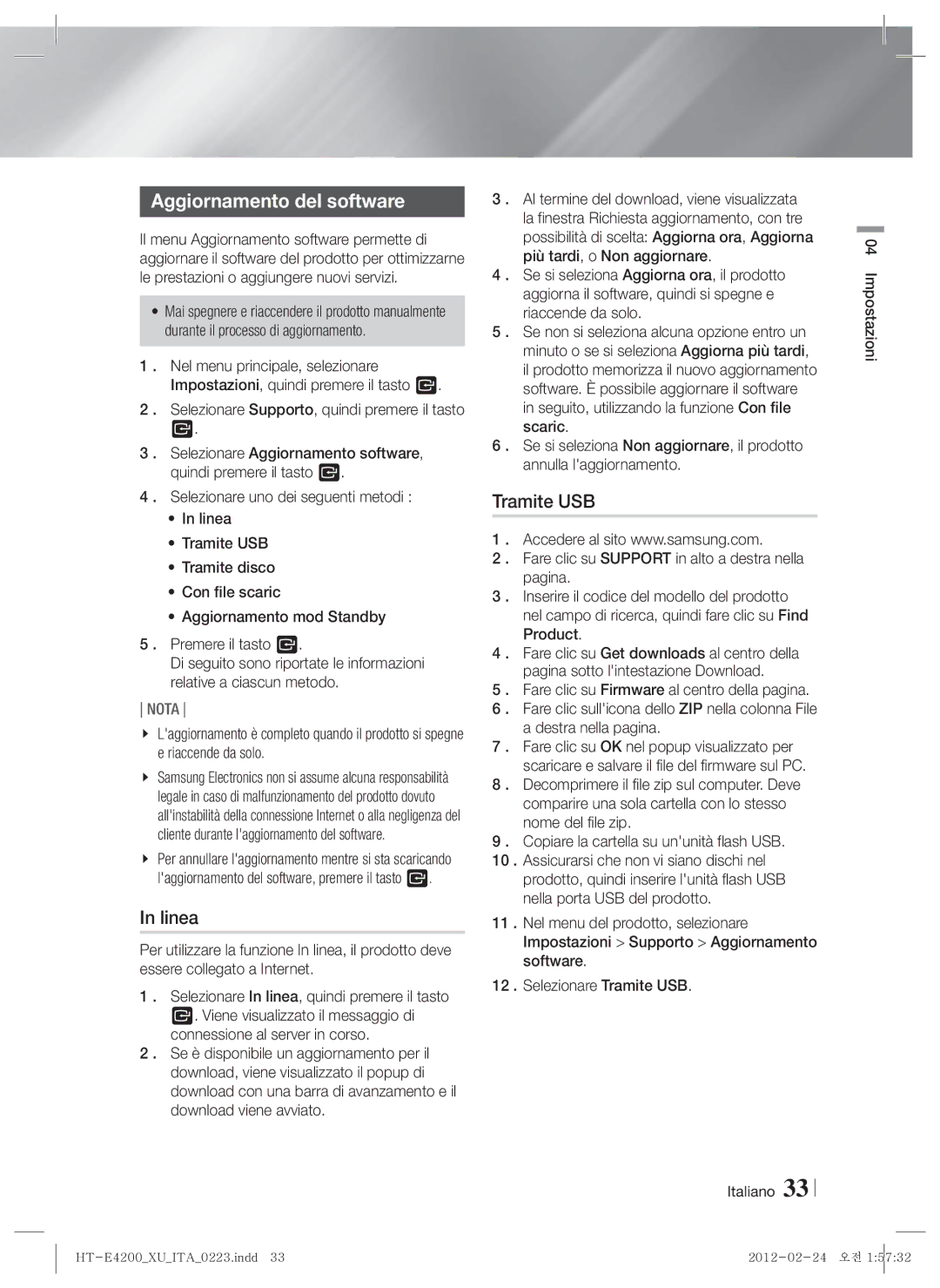 Samsung HT-ES4200/EN, HT-ES4200/XN, HT-E4200/EN manual Aggiornamento del software, Linea, Tramite USB, Destra nella pagina 