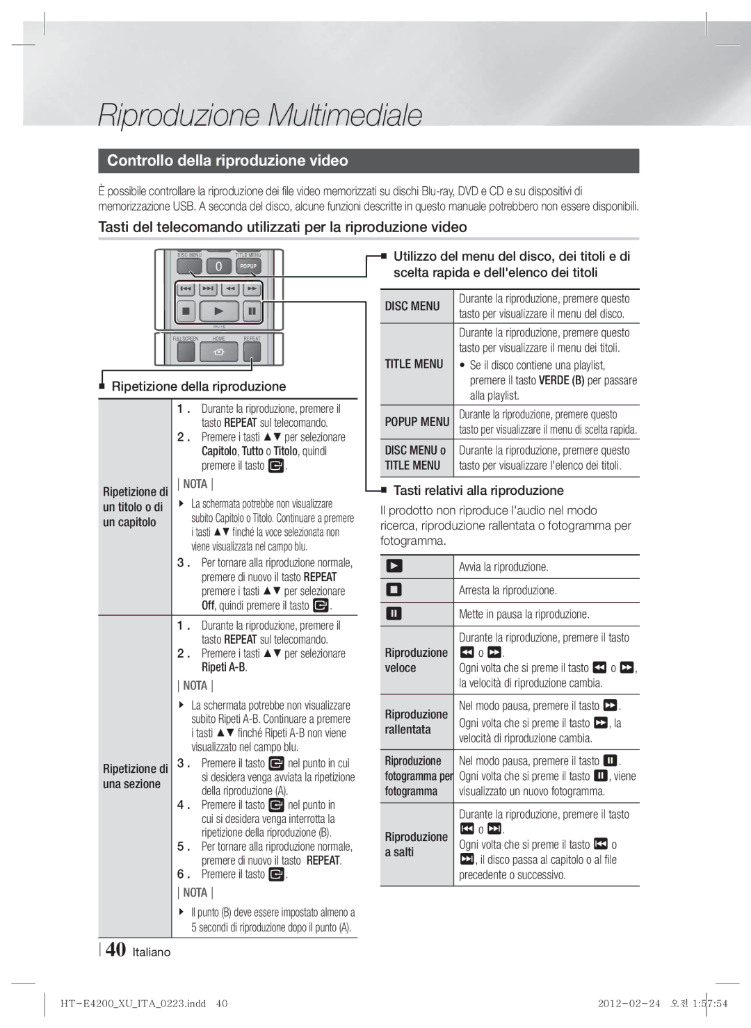 Samsung HT-ES4200/EN manual Controllo della riproduzione video, Tasti del telecomando utilizzati per la riproduzione video 