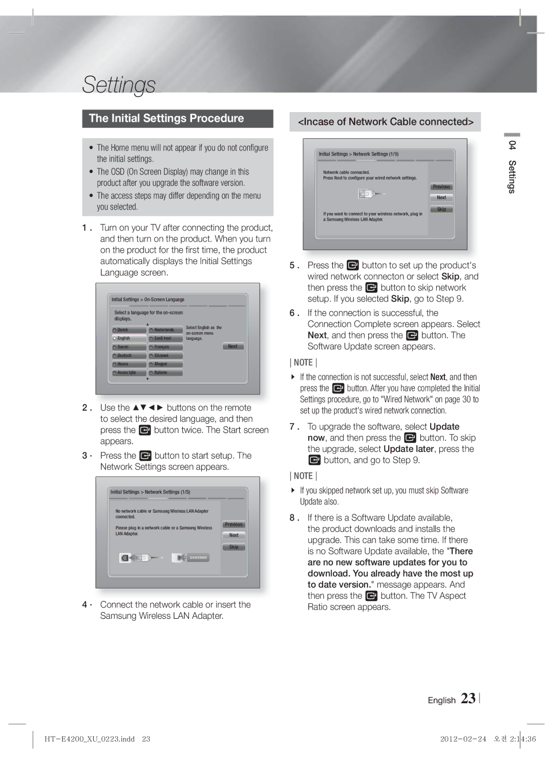 Samsung HT-ES4200/EN, HT-ES4200/XN, HT-E4200/EN manual Initial Settings Procedure, Incase of Network Cable connected 