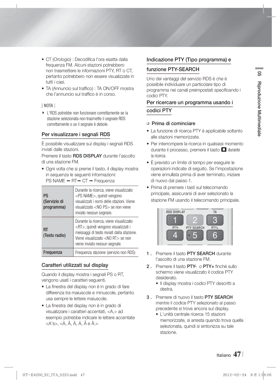 Samsung HT-ES4200/EN, HT-ES4200/XN, HT-E4200/EN manual Per visualizzare i segnali RDS, Caratteri utilizzati sul display 