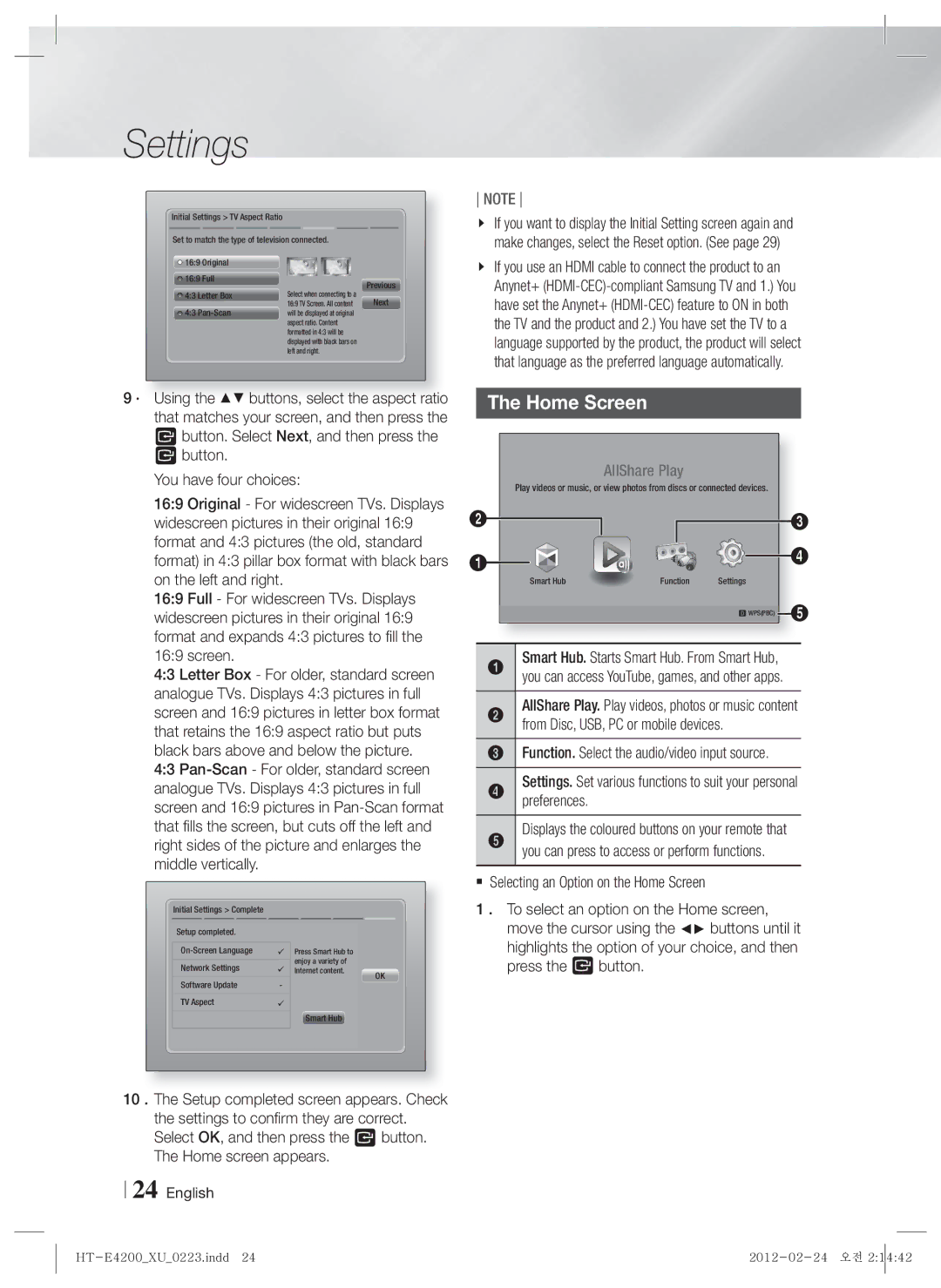 Samsung HT-E4200/ZF, HT-ES4200/XN, HT-E4200/EN Button You have four choices,  Selecting an Option on the Home Screen 