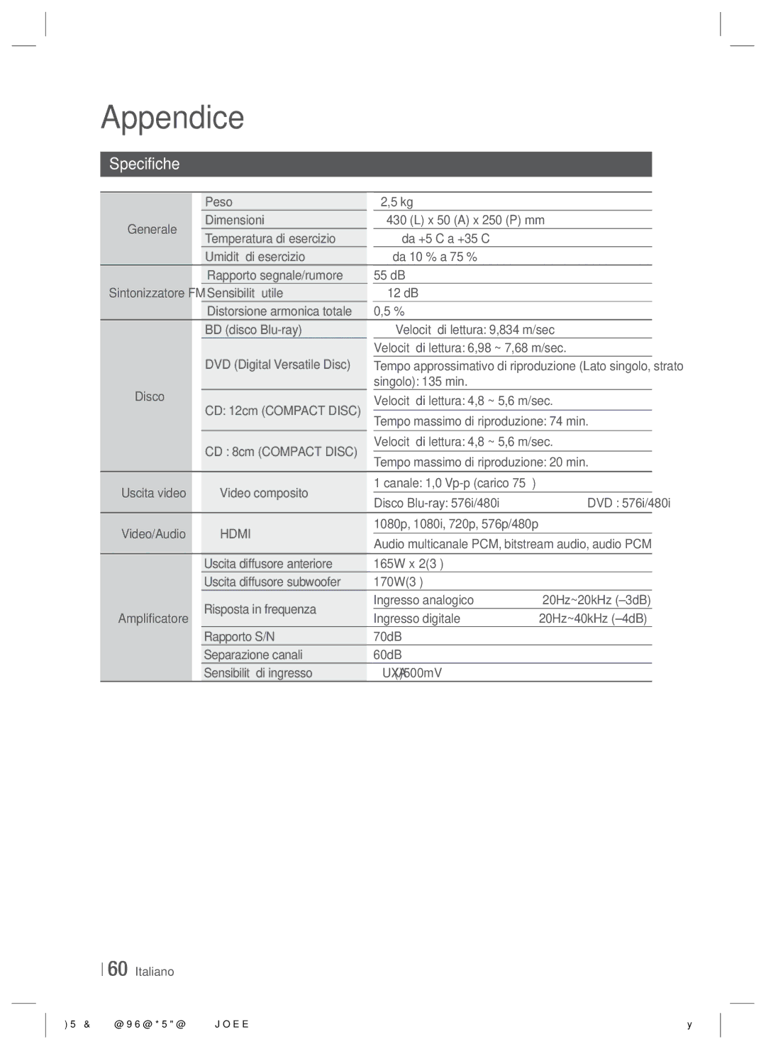 Samsung HT-E4200/EN, HT-ES4200/XN, HT-ES4200/EN, HT-E4200/ZF manual Specifiche, Peso, Video composito, Disco Blu-ray 576i/480i 