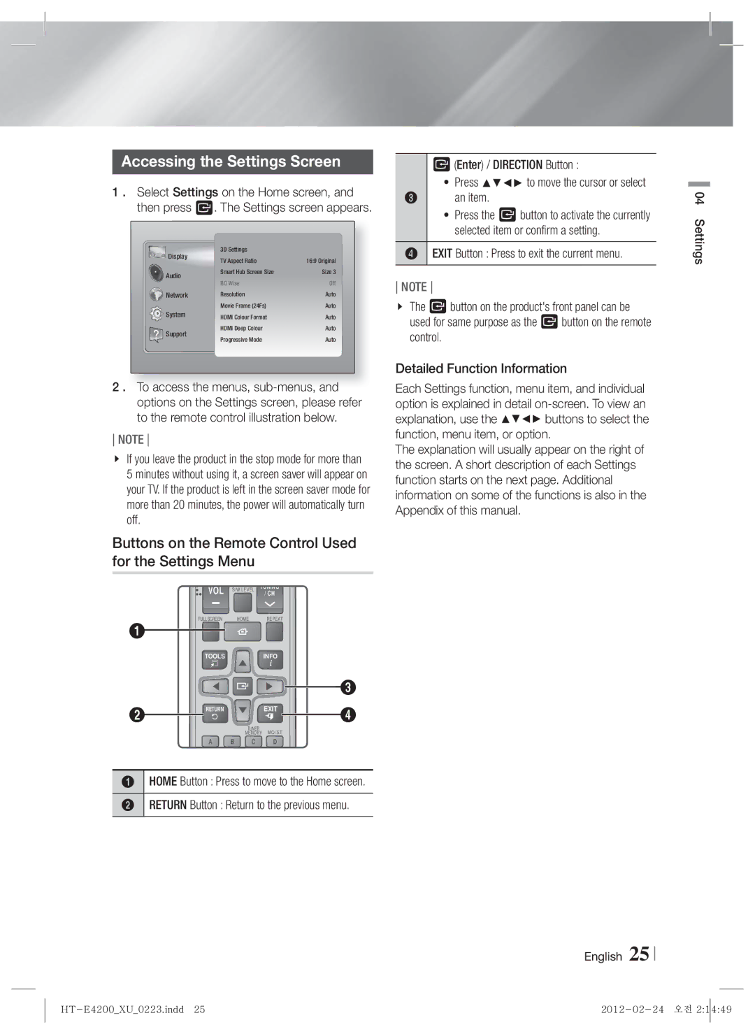 Samsung HT-ES4200/ZF Accessing the Settings Screen, Buttons on the Remote Control Used for the Settings Menu, An item 