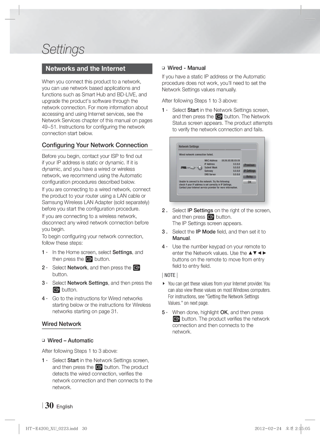 Samsung HT-ES4200/EN manual Networks and the Internet, Configuring Your Network Connection, Wired Network, Wired Manual 