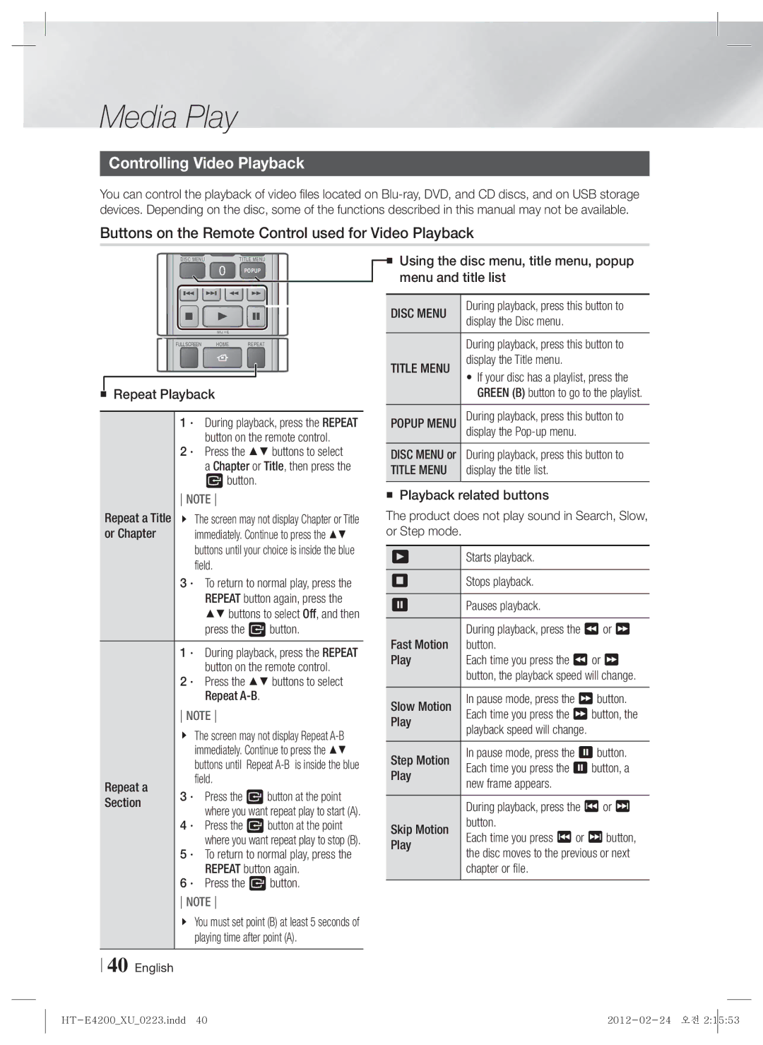 Samsung HT-E4200/XE manual Controlling Video Playback, Buttons on the Remote Control used for Video Playback, Disc Menu 