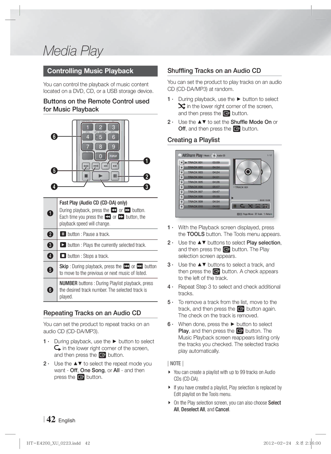 Samsung HT-ES4200/XN, HT-E4200/EN manual Controlling Music Playback, Buttons on the Remote Control used for Music Playback 