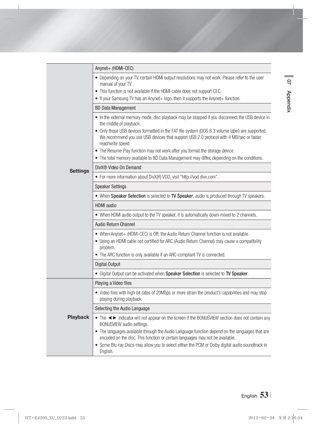 Samsung HT-ES4200/ZF, HT-ES4200/XN, HT-E4200/EN, HT-ES4200/EN manual Settings, Hdmi audio, Audio Return Channel, Appendix 