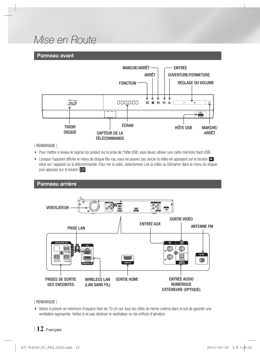 Samsung HT-ES4200/ZF, HT-ES4200/XN, HT-E4200/EN, HT-ES4200/EN, HT-E4200/ZF, HT-E4200/XE manual Panneau avant, Panneau arrière 