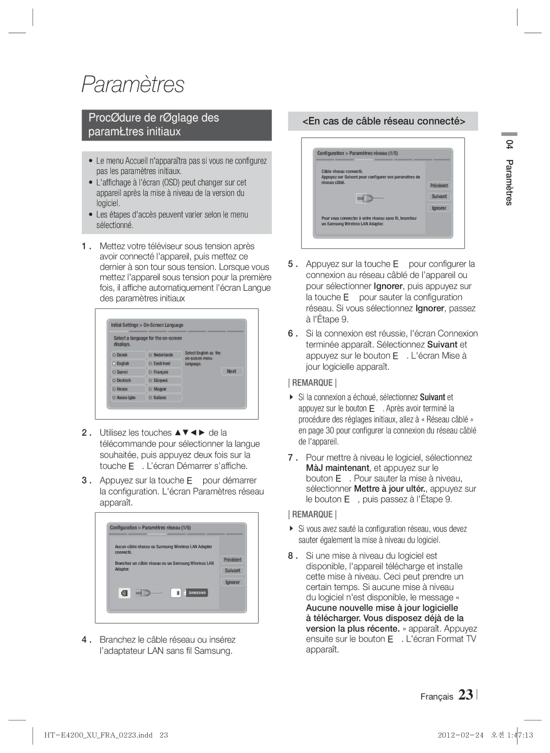 Samsung HT-E4200/EN, HT-ES4200/XN manual Procédure de réglage des Paramètres initiaux, En cas de câble réseau connecté 