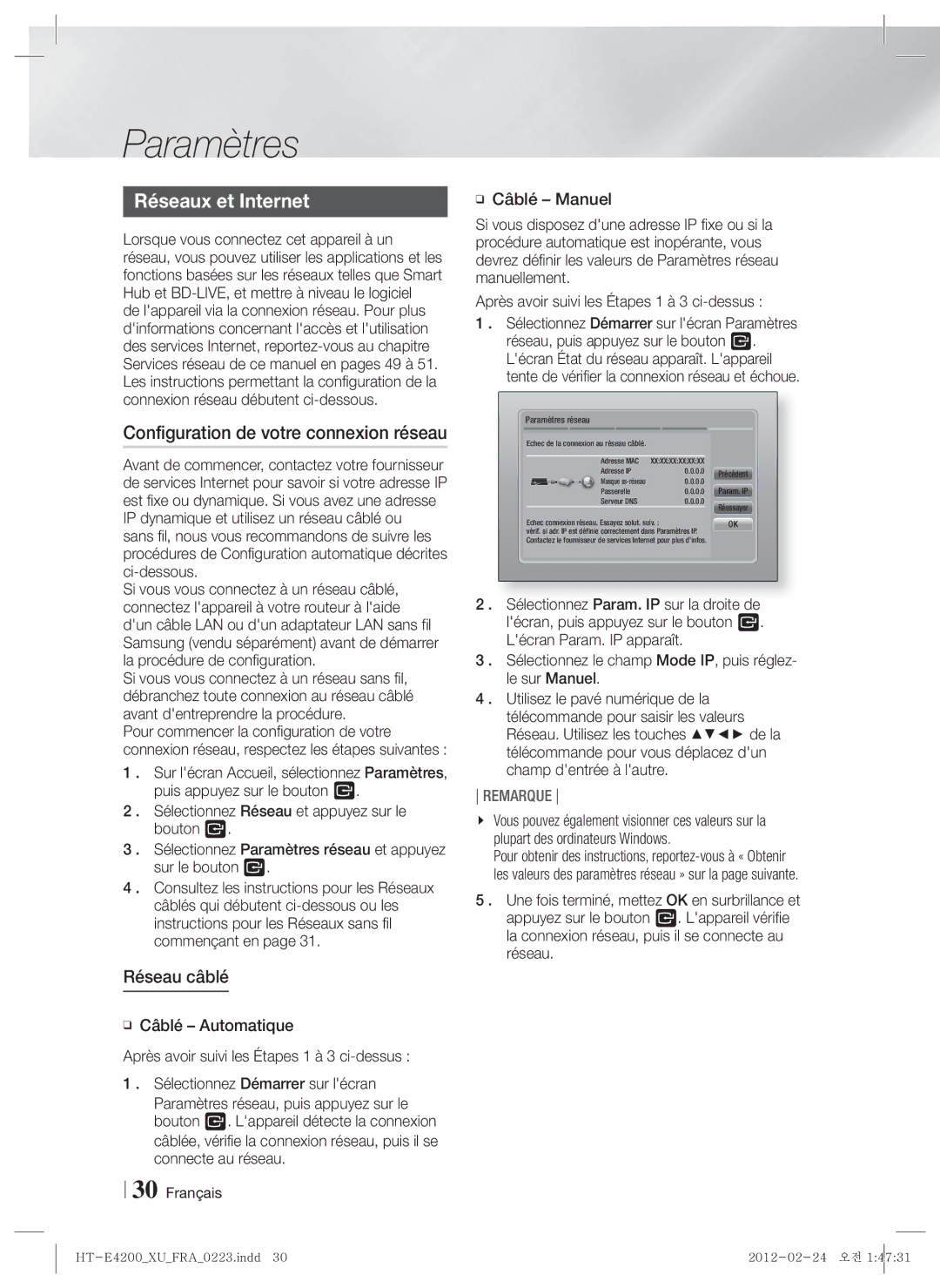 Samsung HT-E4200/EN, HT-ES4200/XN, HT-ES4200/EN Réseaux et Internet, Configuration de votre connexion réseau, Réseau câblé 