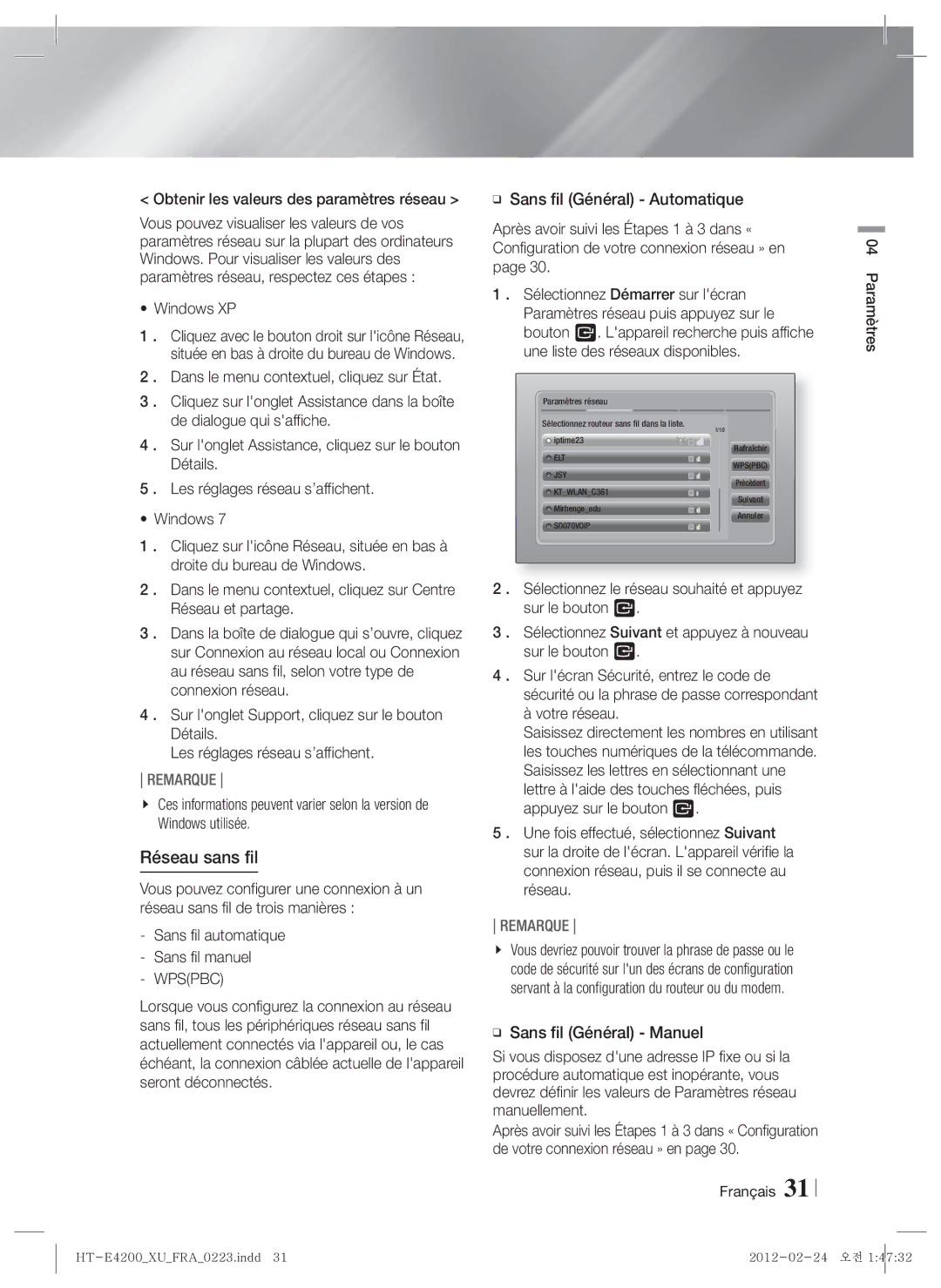 Samsung HT-ES4200/EN, HT-ES4200/XN, HT-E4200/EN manual Réseau sans fil, Obtenir les valeurs des paramètres réseau, Windows XP 