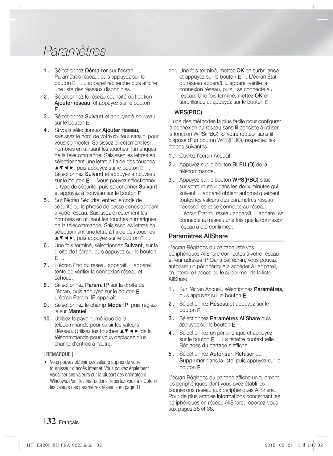 Samsung HT-E4200/ZF, HT-ES4200/XN, HT-E4200/EN, HT-ES4200/EN, HT-ES4200/ZF, HT-E4200/XE, HT-ES4200/XE manual Paramètres AllShare 