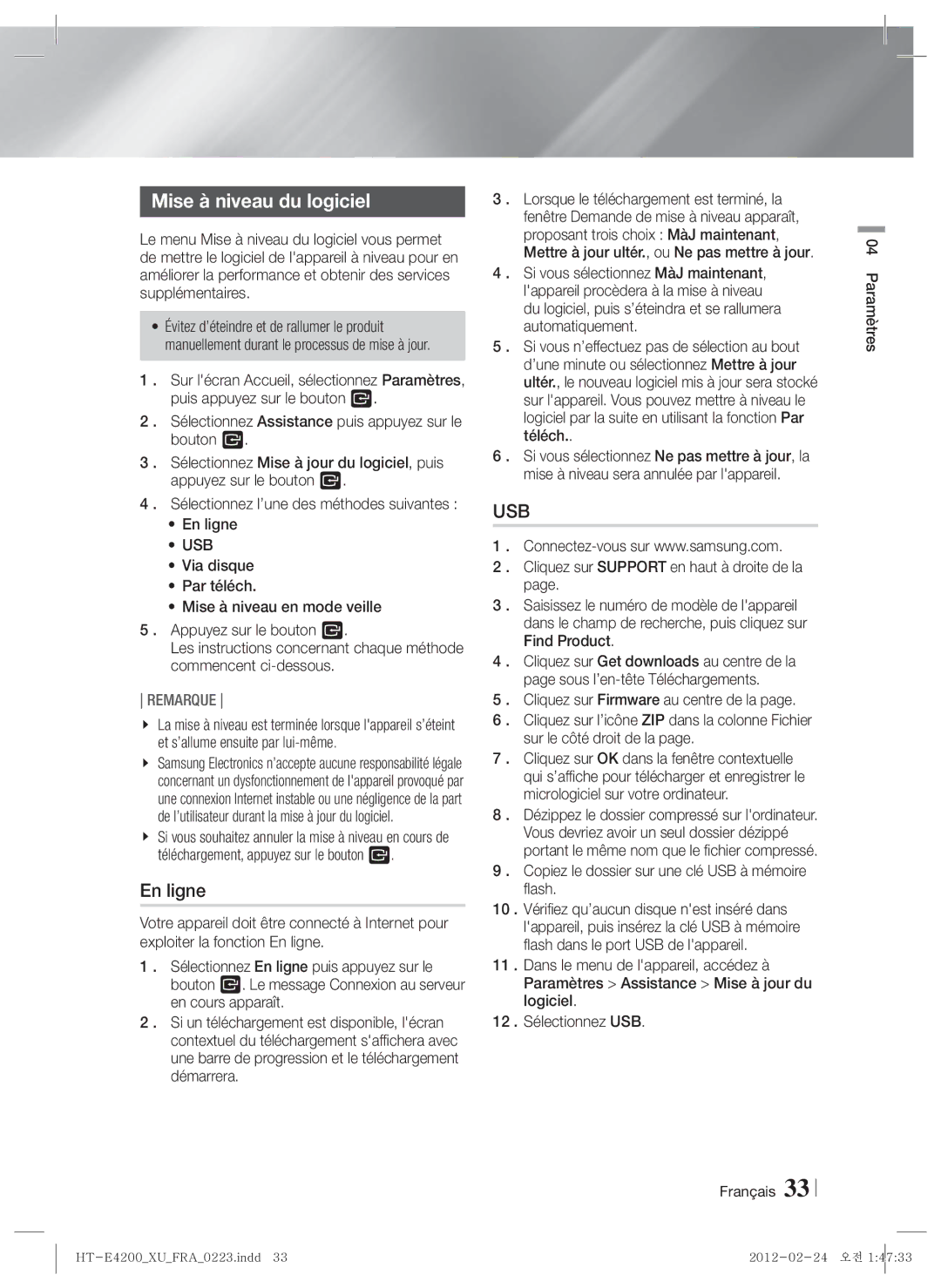 Samsung HT-ES4200/ZF, HT-ES4200/XN Mise à niveau du logiciel, En ligne, Usb, Dézippez le dossier compressé sur lordinateur 