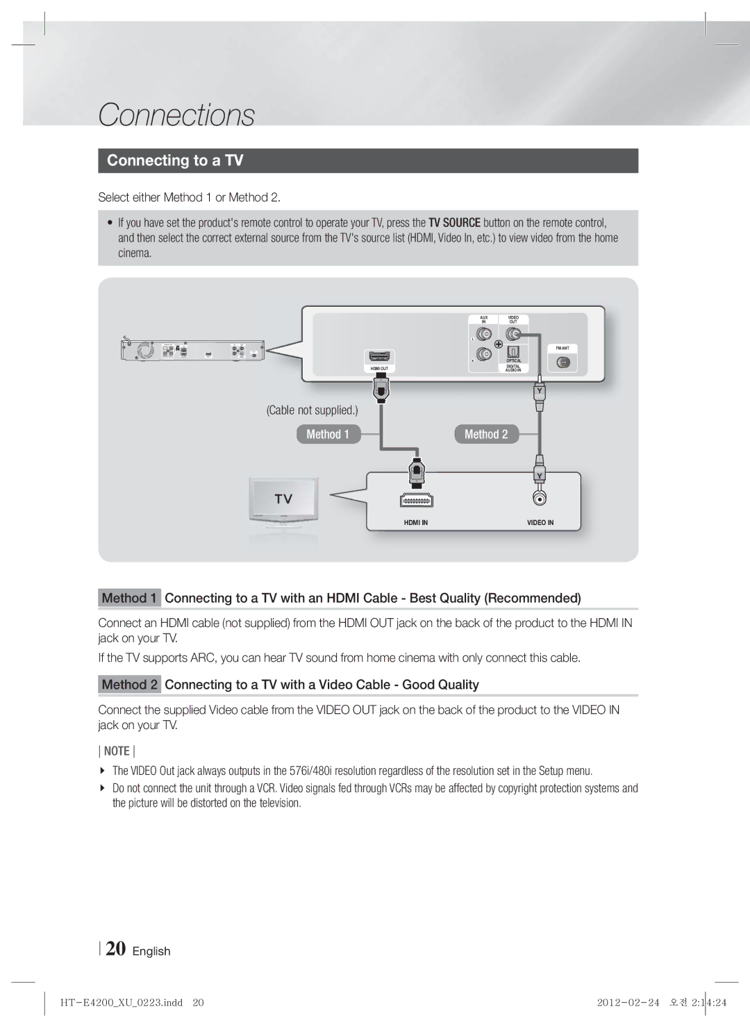 Samsung HT-ES4200/XE, HT-ES4200/XN, HT-E4200/EN, HT-ES4200/EN, HT-E4200/ZF, HT-E4200/XE Connecting to a TV, Cable not supplied 