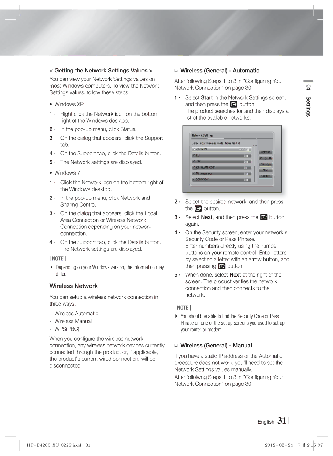 Samsung HT-E4200/ZF, HT-ES4200/XN Wireless Network, Getting the Network Settings Values, Wpspbc, Wireless General Manual 