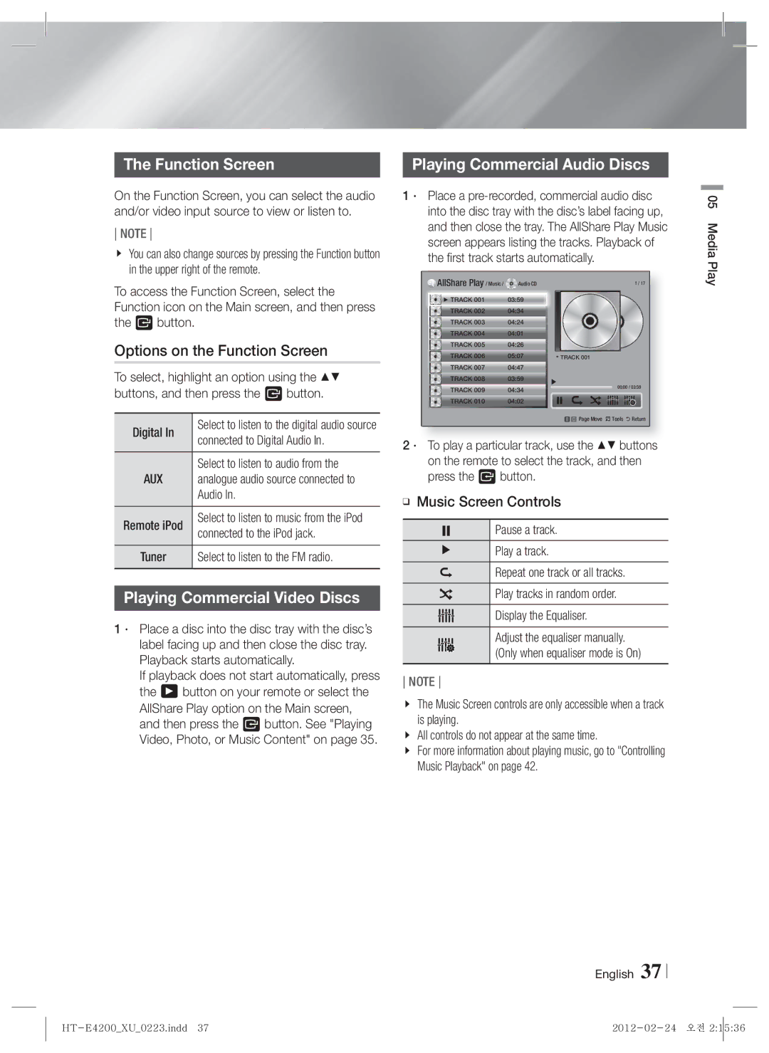 Samsung HT-ES4200/EN Options on the Function Screen, Playing Commercial Audio Discs, Playing Commercial Video Discs 