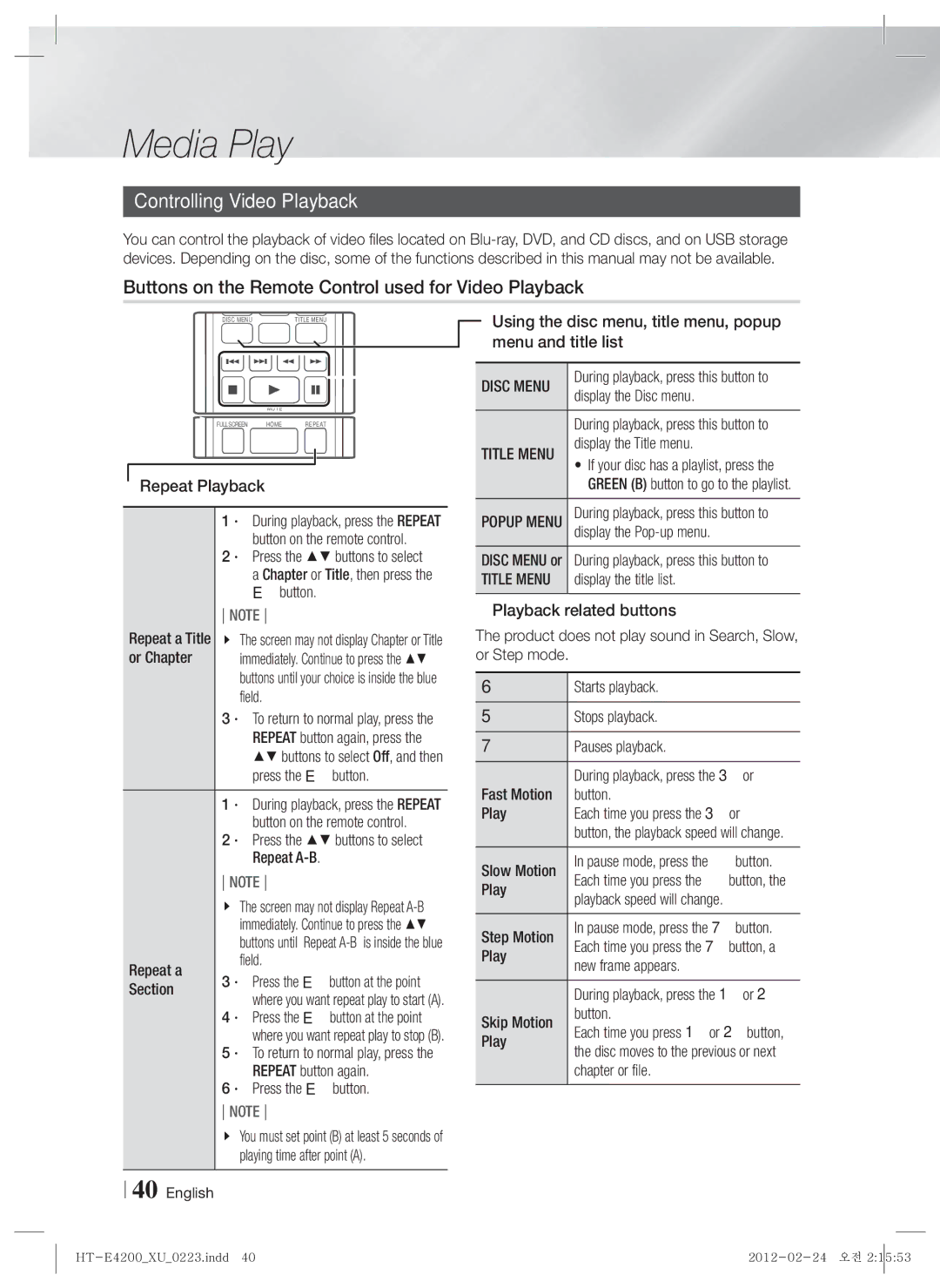 Samsung HT-E4200/XE manual Controlling Video Playback, Buttons on the Remote Control used for Video Playback, Disc Menu 