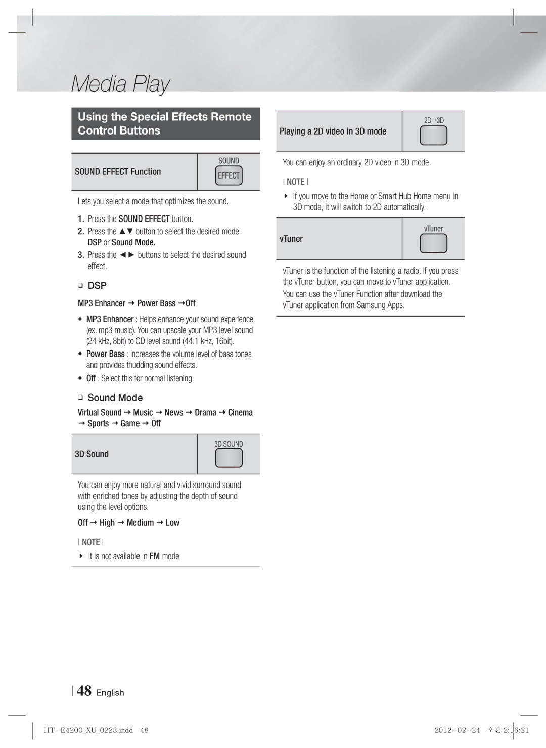 Samsung HT-ES4200/XE, HT-ES4200/XN, HT-E4200/EN, HT-ES4200/EN manual Using the Special Effects Remote Control Buttons, Dsp 