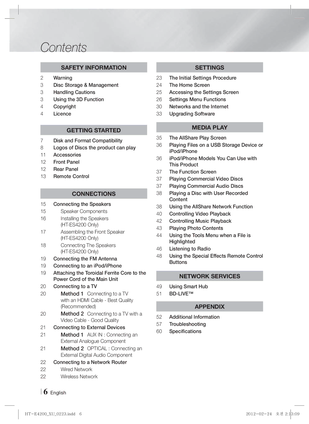 Samsung HT-ES4200/XE, HT-ES4200/XN, HT-E4200/EN, HT-ES4200/EN, HT-E4200/ZF, HT-ES4200/ZF, HT-E4200/XE manual Contents 