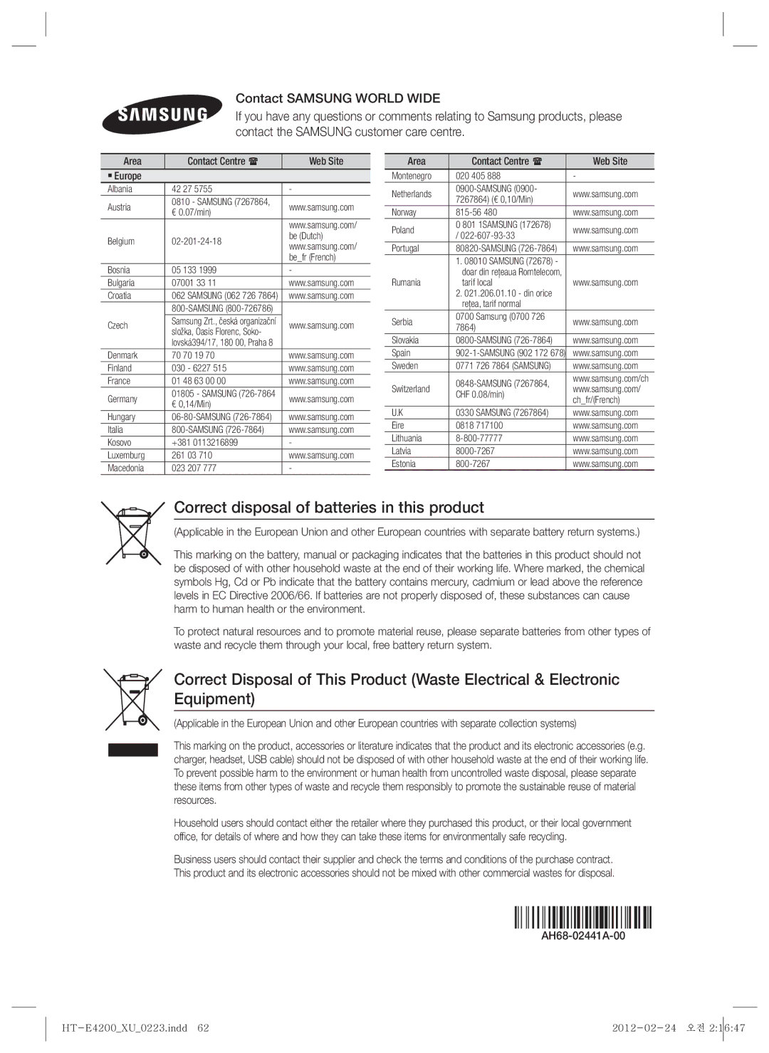 Samsung HT-ES4200/XE, HT-ES4200/XN Correct disposal of batteries in this product, Area Contact Centre  Web Site ` Europe 