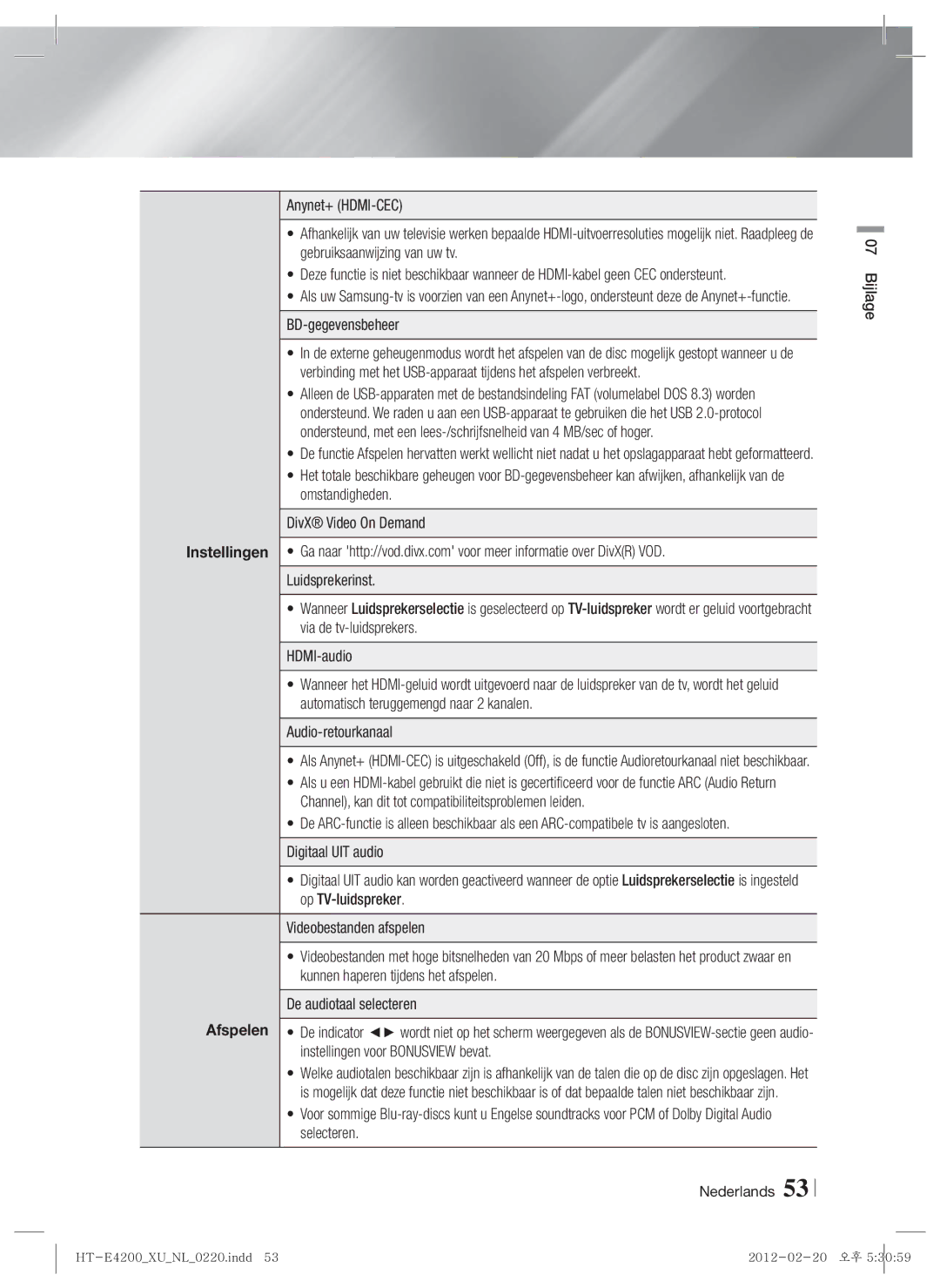 Samsung HT-ES4200/XN, HT-E4200/EN, HT-ES4200/EN, HT-E4200/ZF, HT-ES4200/ZF manual BD-gegevensbeheer, Nederlands Bijlage 