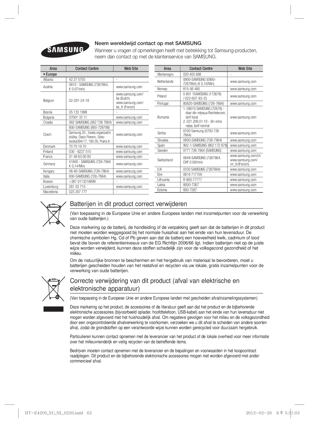 Samsung HT-ES4200/ZF, HT-ES4200/XN Batterijen in dit product correct verwijderen, Neem wereldwijd contact op met Samsung 