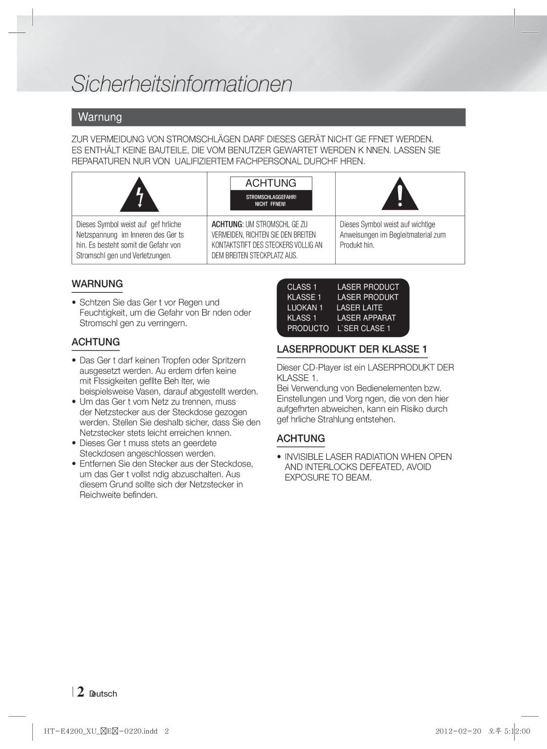 Samsung HT-E4200/EN manual Sicherheitsinformationen, Warnung, Dieser CD-Player ist ein Laserprodukt DER Klasse, Produkt hin 