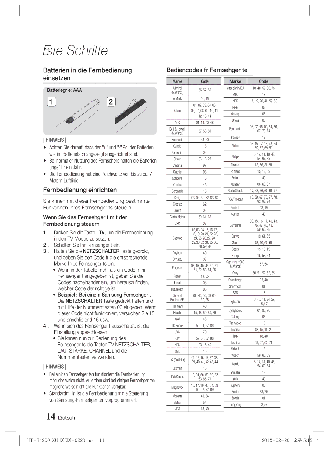 Samsung HT-E4200/ZF Batterien in die Fernbedienung einsetzen, Fernbedienung einrichten, Bediencodes für Fernsehgeräte 