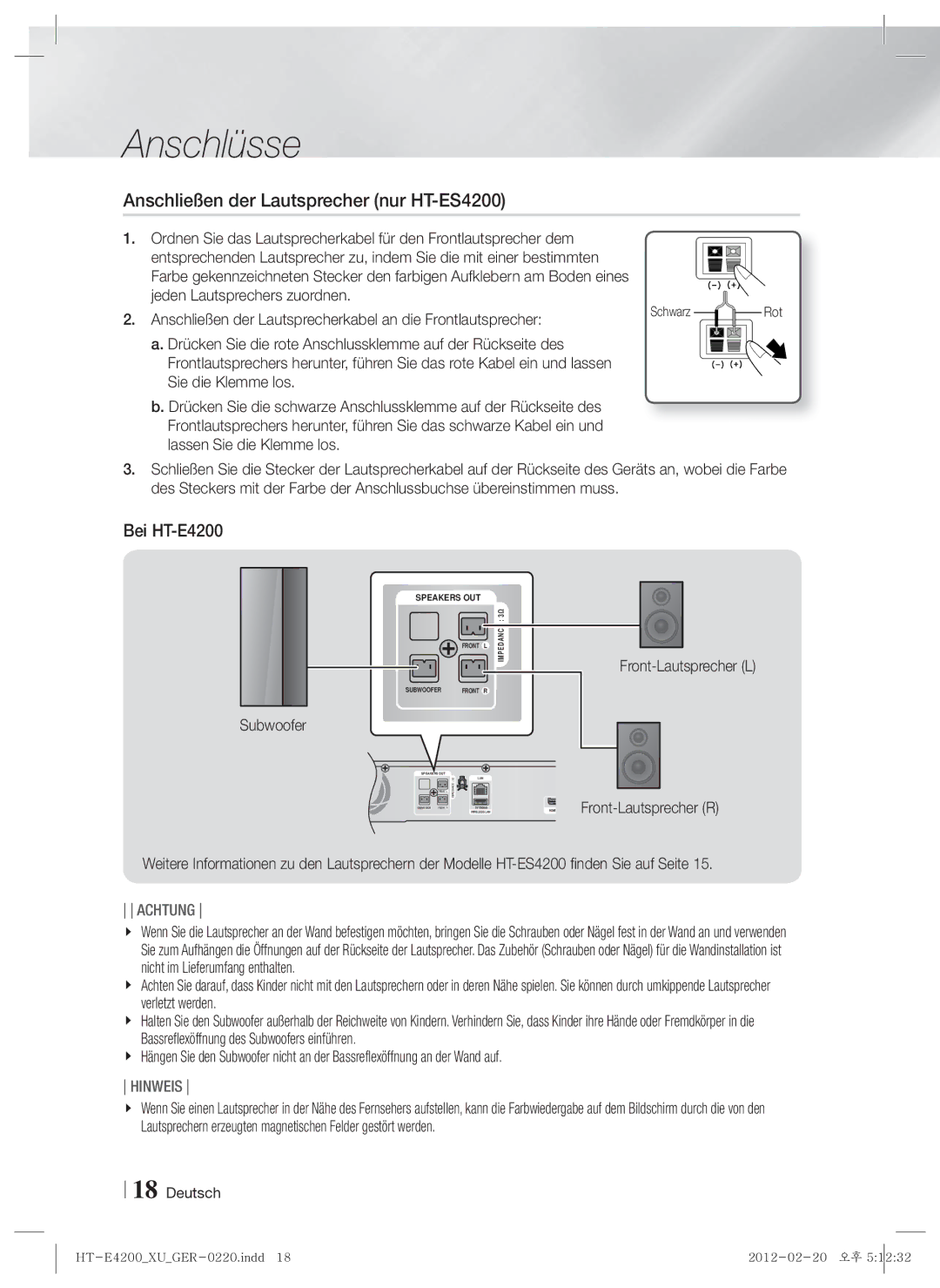 Samsung HT-ES4200/EN Anschließen der Lautsprecher nur HT-ES4200, Bei HT-E4200, Subwoofer Front-Lautsprecher L, Schwarz 