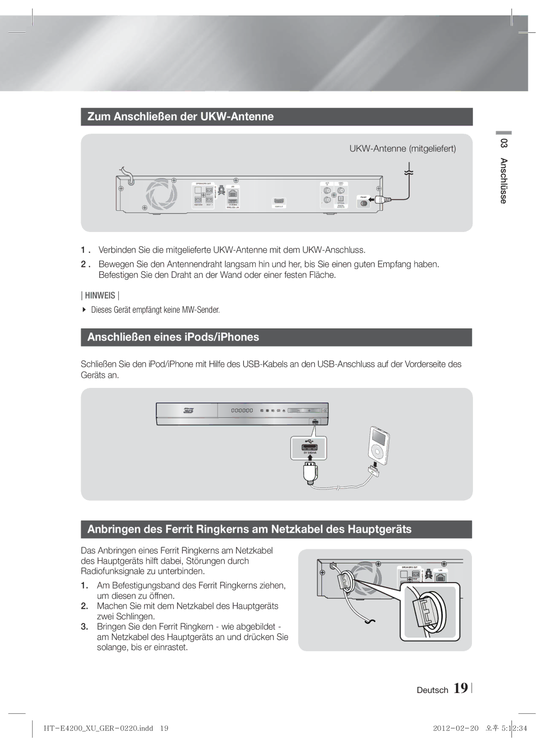 Samsung HT-E4200/ZF manual Zum Anschließen der UKW-Antenne, Anschließen eines iPods/iPhones, UKW-Antenne mitgeliefert 