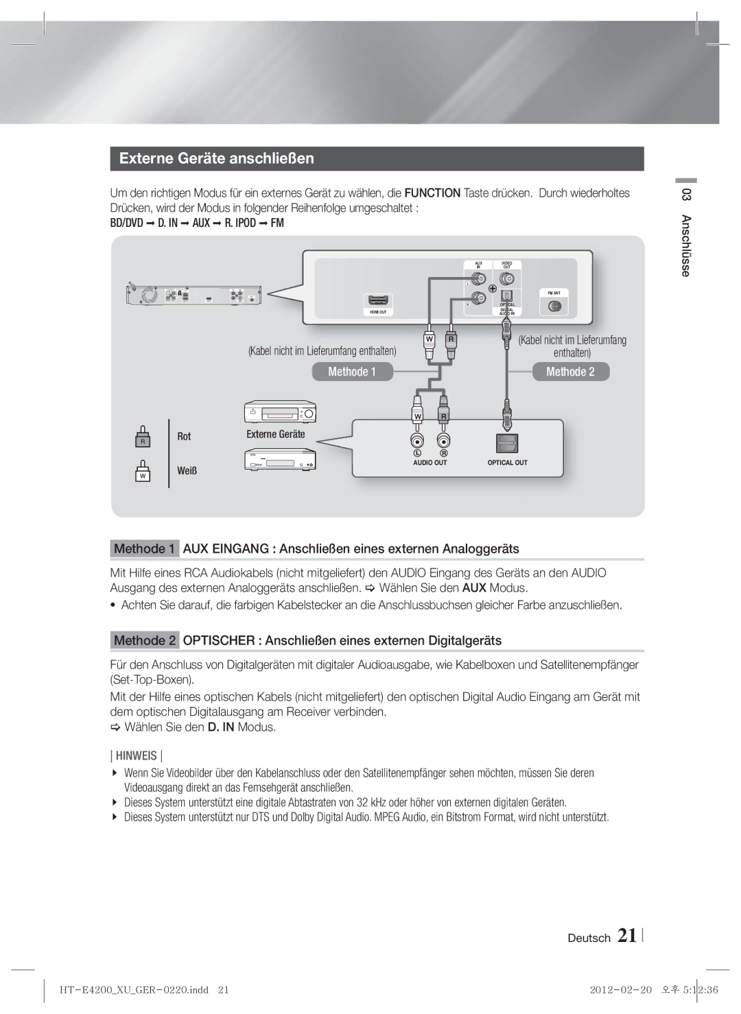Samsung HT-ES4200/XN, HT-E4200/EN, HT-ES4200/EN manual Externe Geräte anschließen, BD/DVD D. in AUX R. Ipod FM, Enthalten 