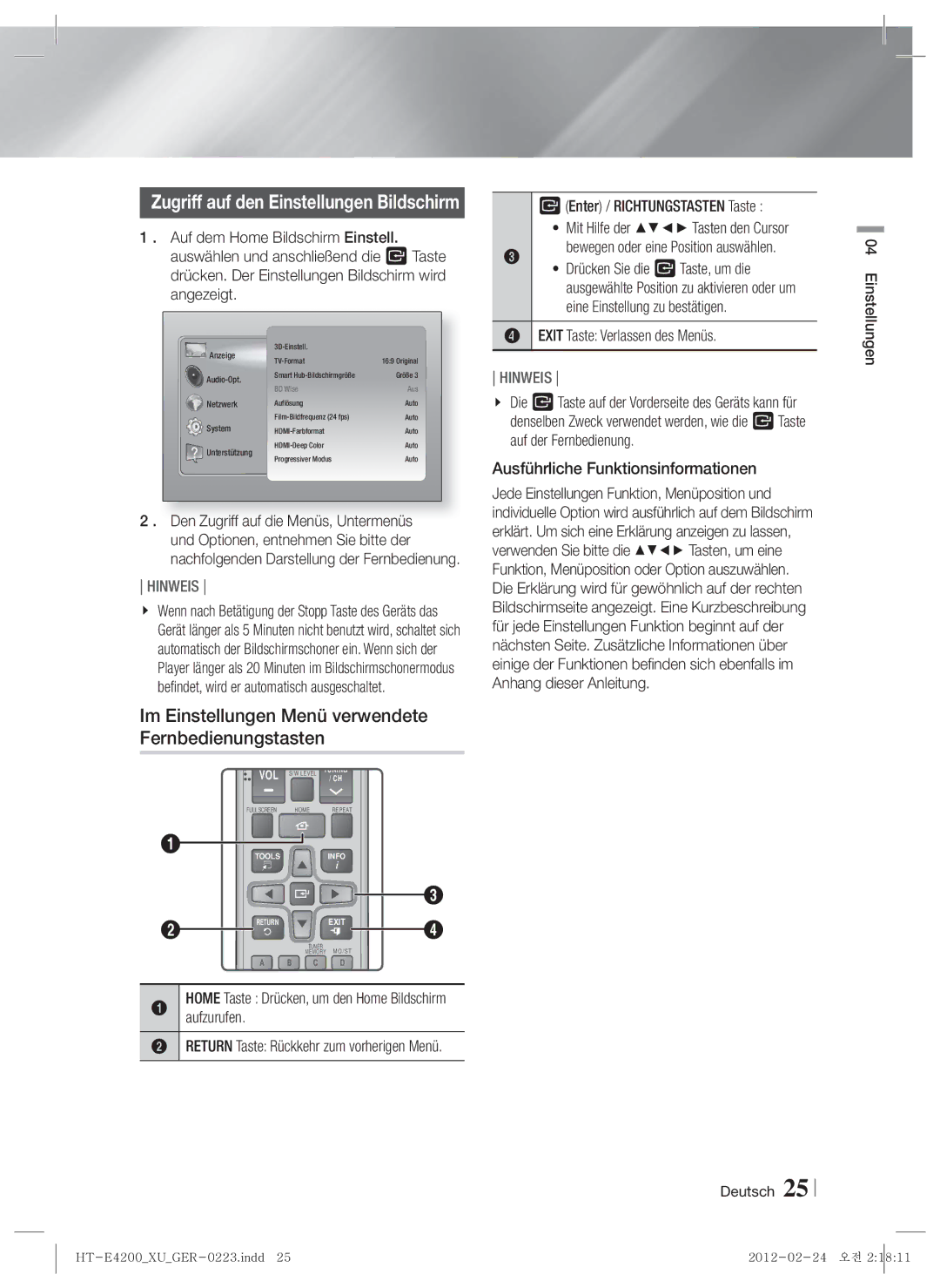 Samsung HT-ES4200/ZF, HT-ES4200/XN, HT-E4200/EN, HT-ES4200/EN manual Im Einstellungen Menü verwendete Fernbedienungstasten 