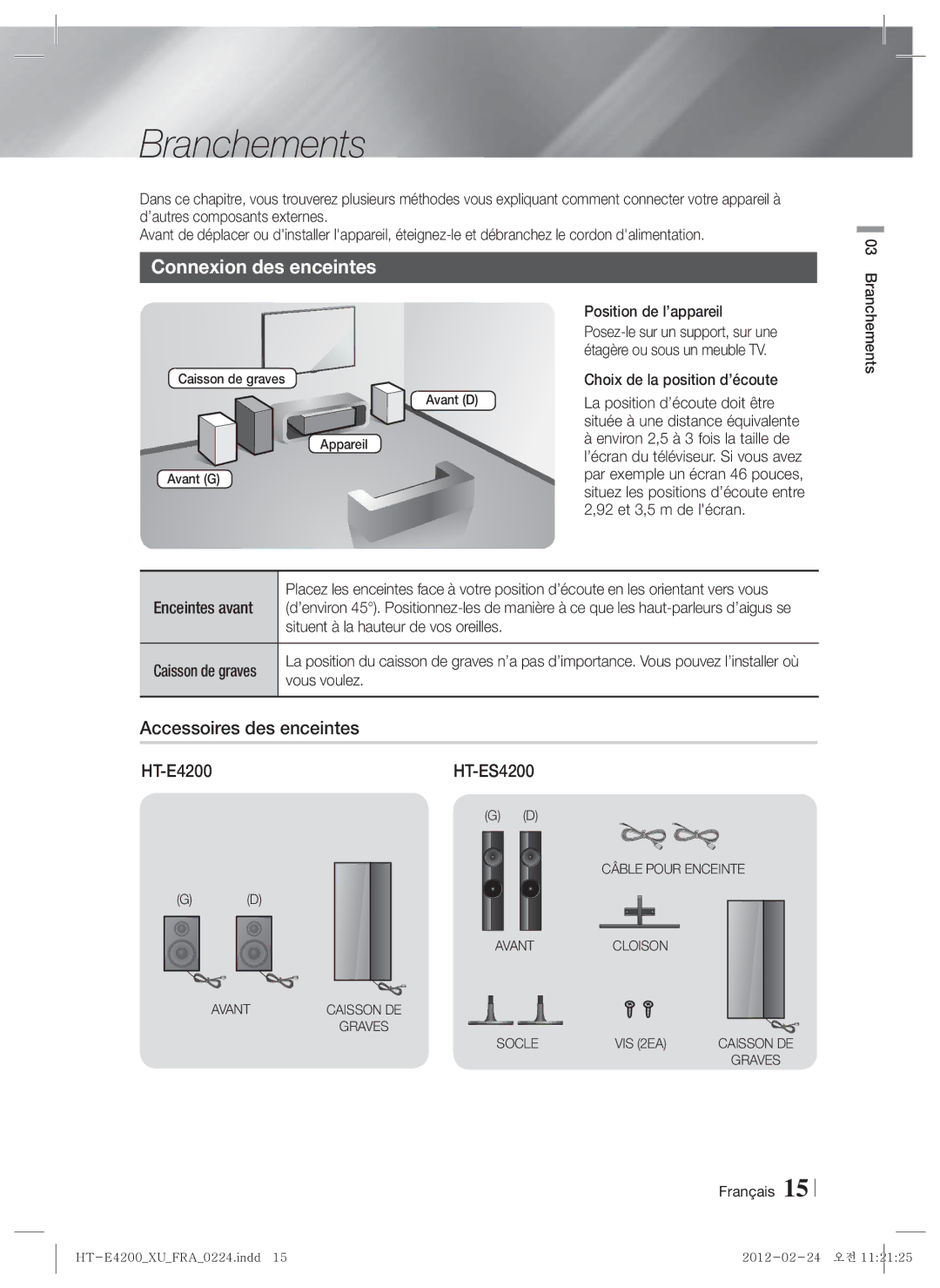 Samsung HT-ES4200/XN, HT-E4200/EN Branchements, Connexion des enceintes, Accessoires des enceintes, HT-E4200 HT-ES4200 