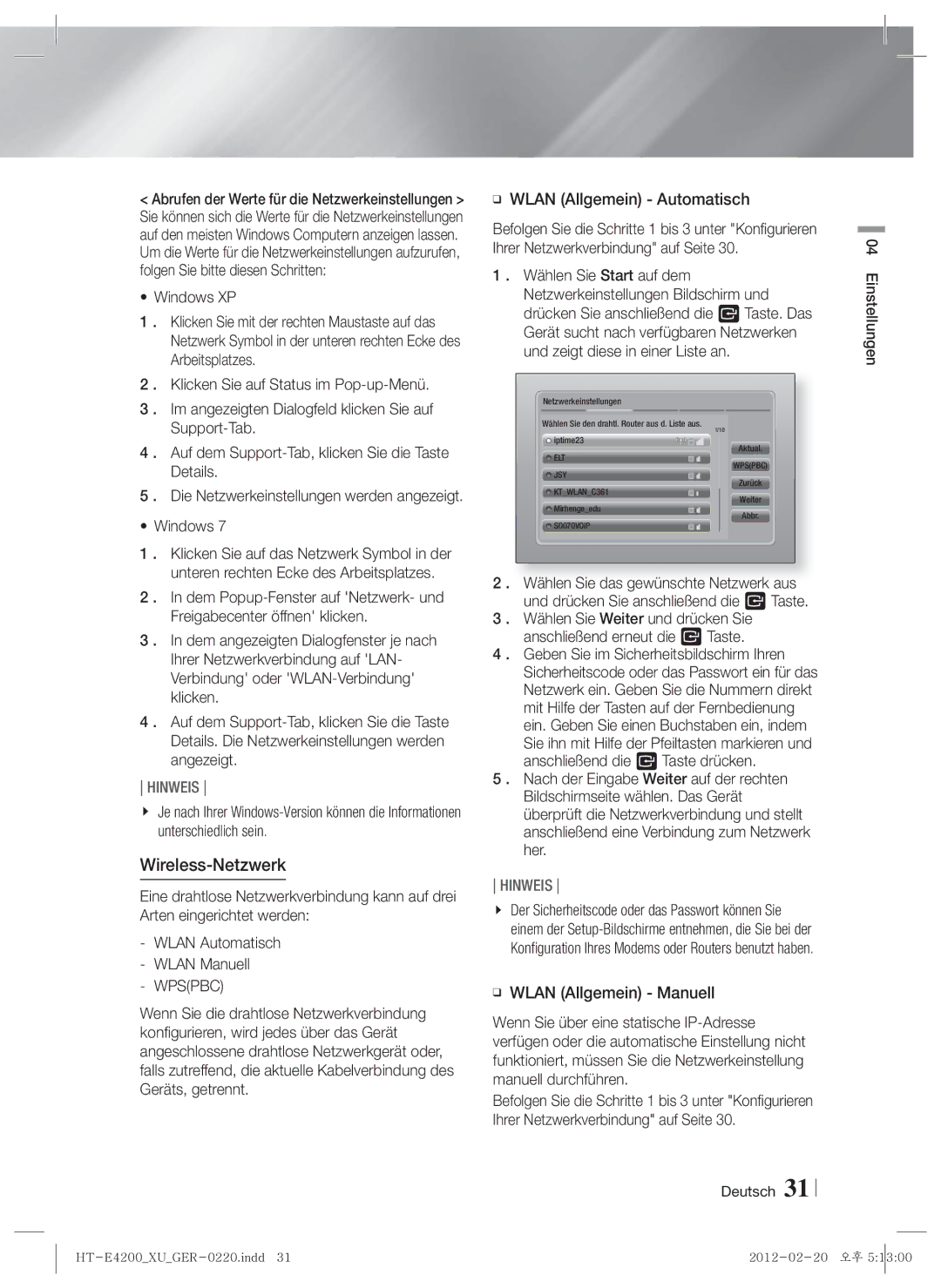 Samsung HT-ES4200/XN, HT-E4200/EN, HT-ES4200/EN, HT-E4200/ZF, HT-ES4200/ZF manual Wireless-Netzwerk, Wlan Allgemein Automatisch 