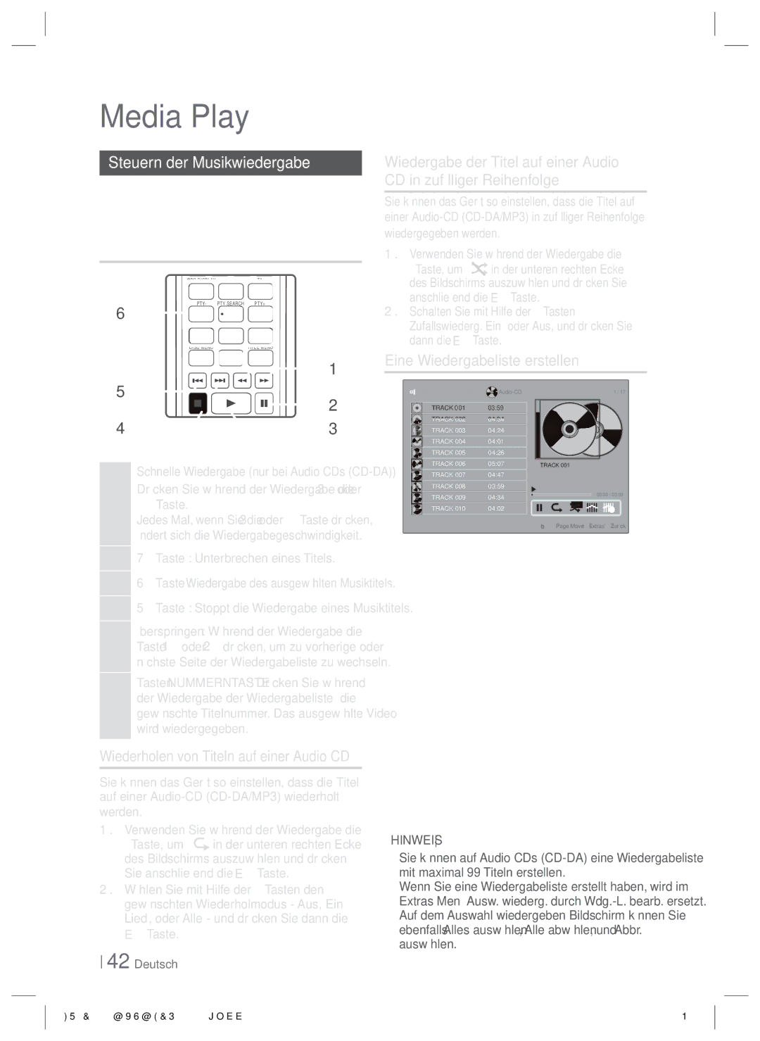 Samsung HT-E4200/EN, HT-ES4200/XN, HT-E4200/ZF Steuern der Musikwiedergabe, Tasten auf der Fernbedienung für die Wiedergabe 