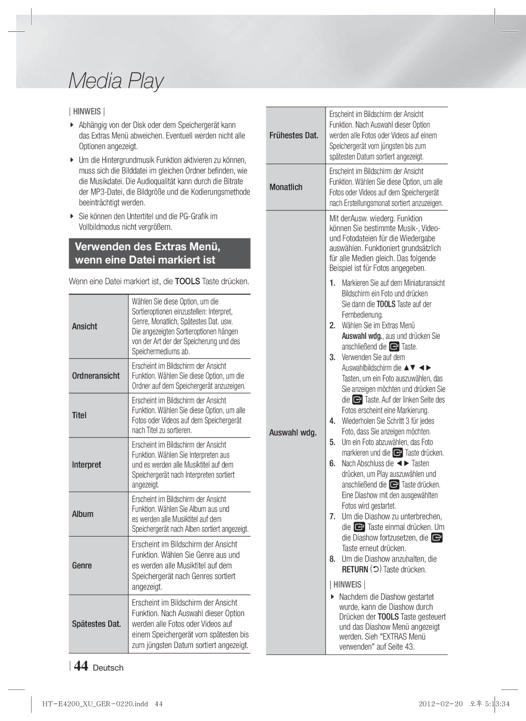 Samsung HT-E4200/ZF, HT-ES4200/XN, HT-E4200/EN, HT-ES4200/EN manual Verwenden des Extras Menü Wenn eine Datei markiert ist 