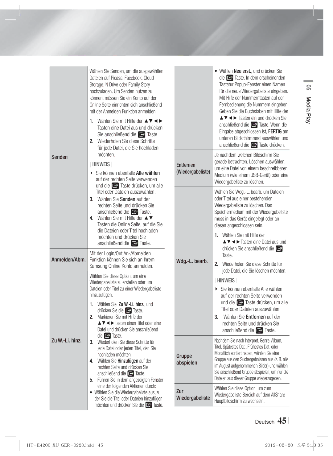 Samsung HT-ES4200/ZF Senden, Anschließend die E Taste, Möchten und drücken Sie, Hinzuzufügen, Die E Taste, Entfernen 