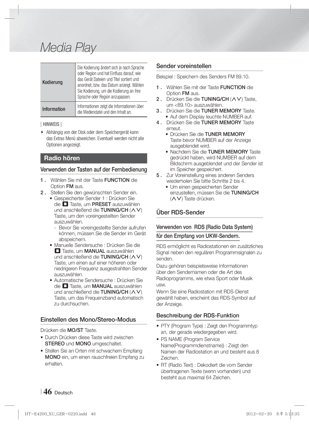 Samsung HT-ES4200/XN, HT-E4200/EN Radio hören, Sender voreinstellen, Über RDS-Sender, Einstellen des Mono/Stereo-Modus 