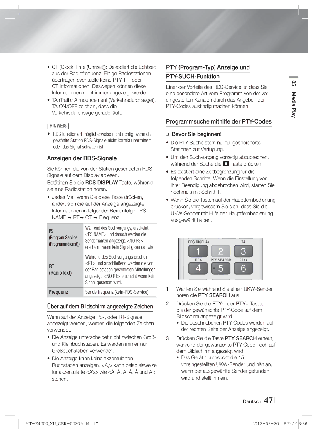 Samsung HT-E4200/EN, HT-ES4200/XN, HT-ES4200/EN Anzeigen der RDS-Signale, PTY Program-Typ Anzeige und PTY-SUCH-Funktion 