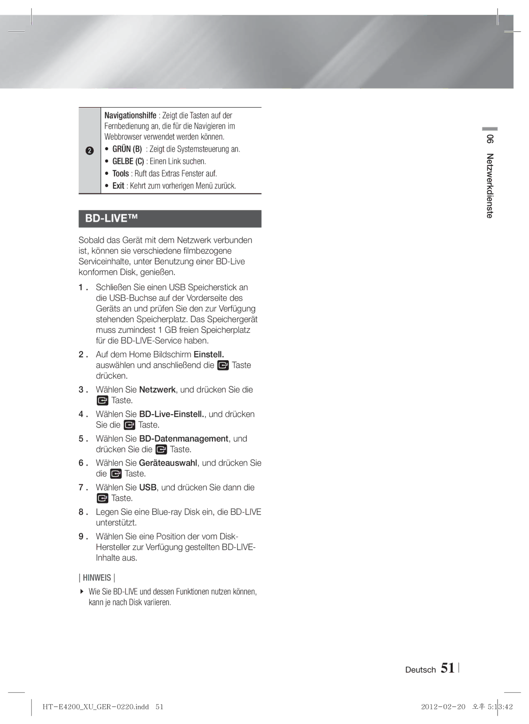 Samsung HT-ES4200/XN, HT-E4200/EN, HT-ES4200/EN, HT-E4200/ZF, HT-ES4200/ZF manual Bd-Live 