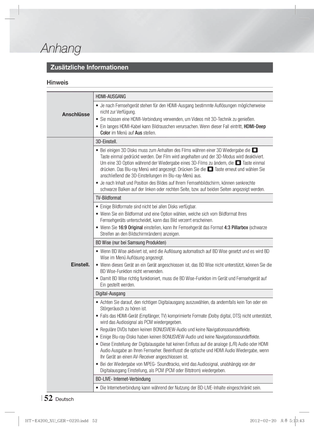 Samsung HT-E4200/EN, HT-ES4200/XN, HT-ES4200/EN, HT-E4200/ZF, HT-ES4200/ZF manual Anhang, Zusätzliche Informationen, Hinweis 