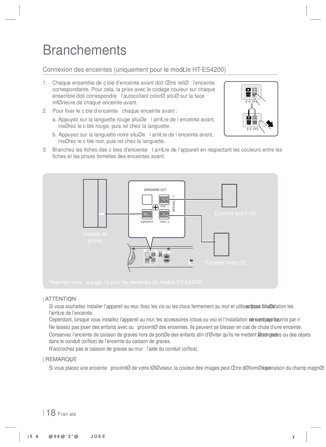 Samsung HT-E4200/ZF manual Connexion des enceintes uniquement pour le modèle HT-ES4200, Pour le modèle HT-E4200, Rouge 