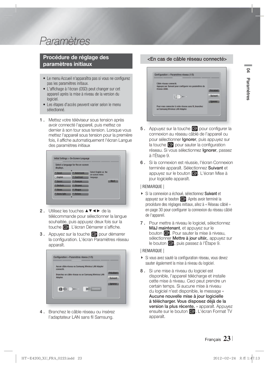 Samsung HT-E4200/ZF, HT-ES4200/XN manual Procédure de réglage des Paramètres initiaux, En cas de câble réseau connecté 