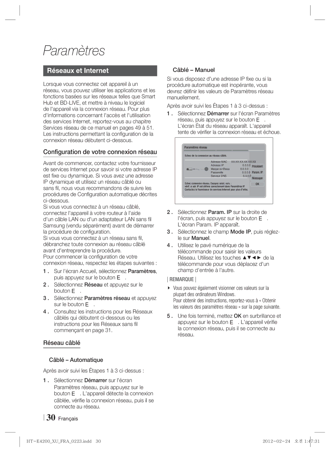 Samsung HT-ES4200/XN, HT-E4200/EN, HT-ES4200/EN Réseaux et Internet, Configuration de votre connexion réseau, Réseau câblé 