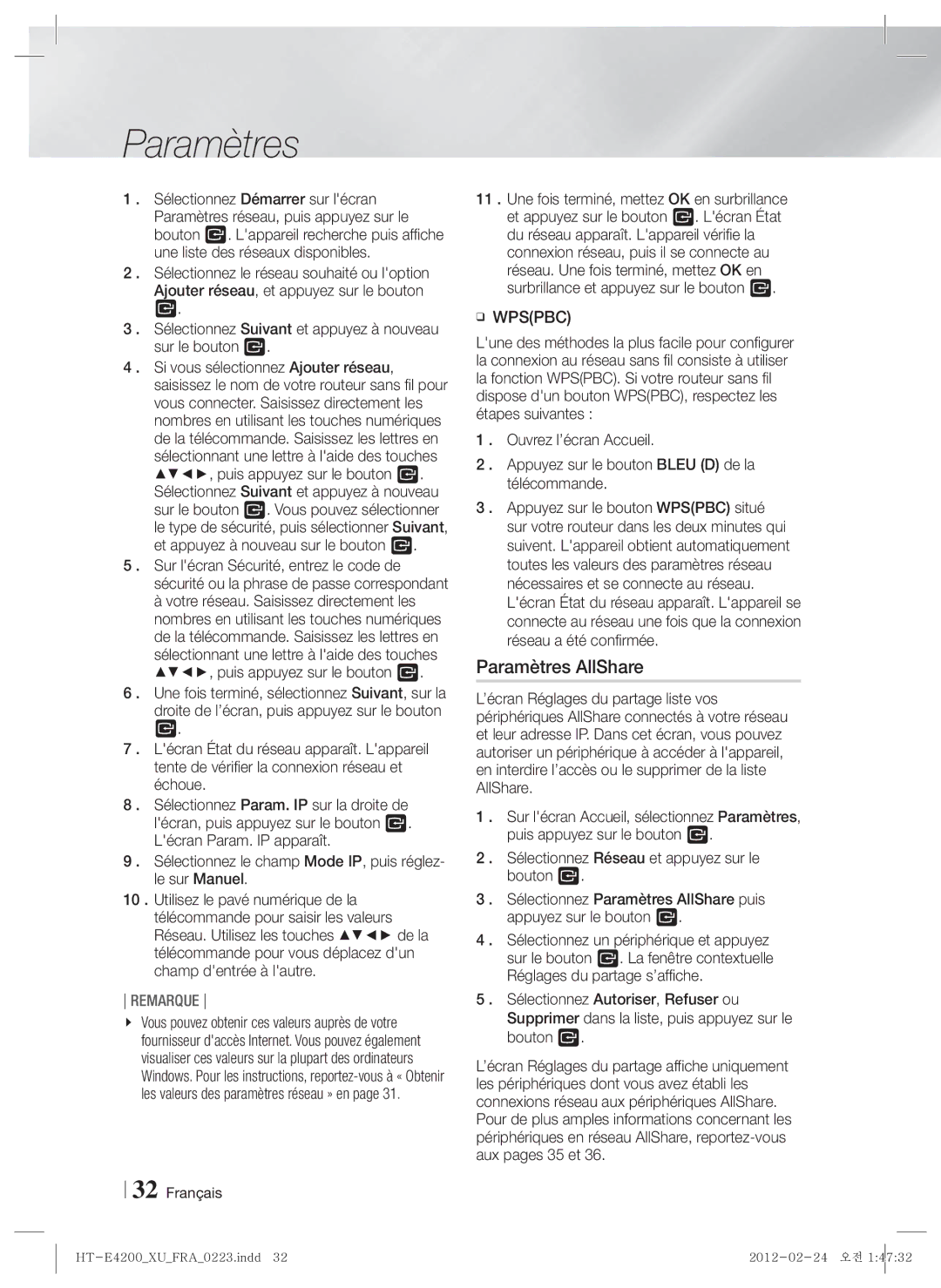 Samsung HT-ES4200/EN, HT-ES4200/XN, HT-E4200/EN, HT-E4200/ZF, HT-ES4200/ZF manual Paramètres AllShare 