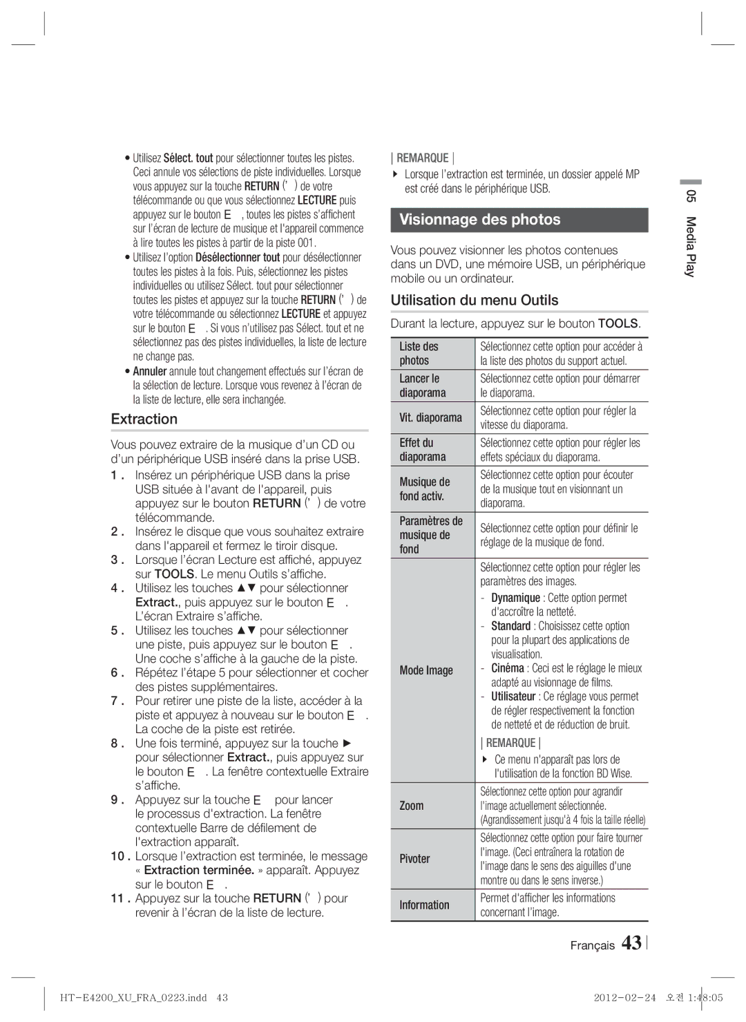 Samsung HT-E4200/ZF, HT-ES4200/XN, HT-E4200/EN, HT-ES4200/EN, HT-ES4200/ZF manual Extraction, Visionnage des photos 